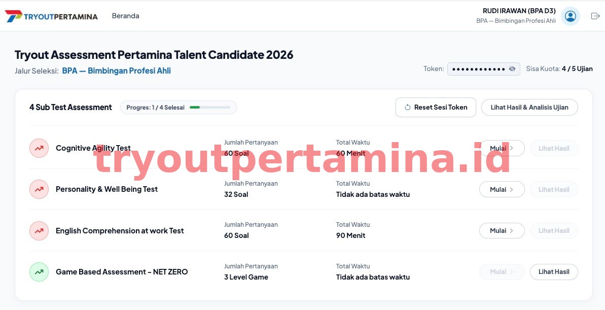 Tampilan Dashboard 4 Modul Online Assessment Pertamina Talent Candidate 2026